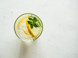 filled clear drinking glass with sliced citrus and green leaf vegetable